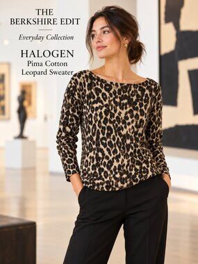 Halogen Leopard Print Pima Cotton Ballet Neck Sweater Brown Black M